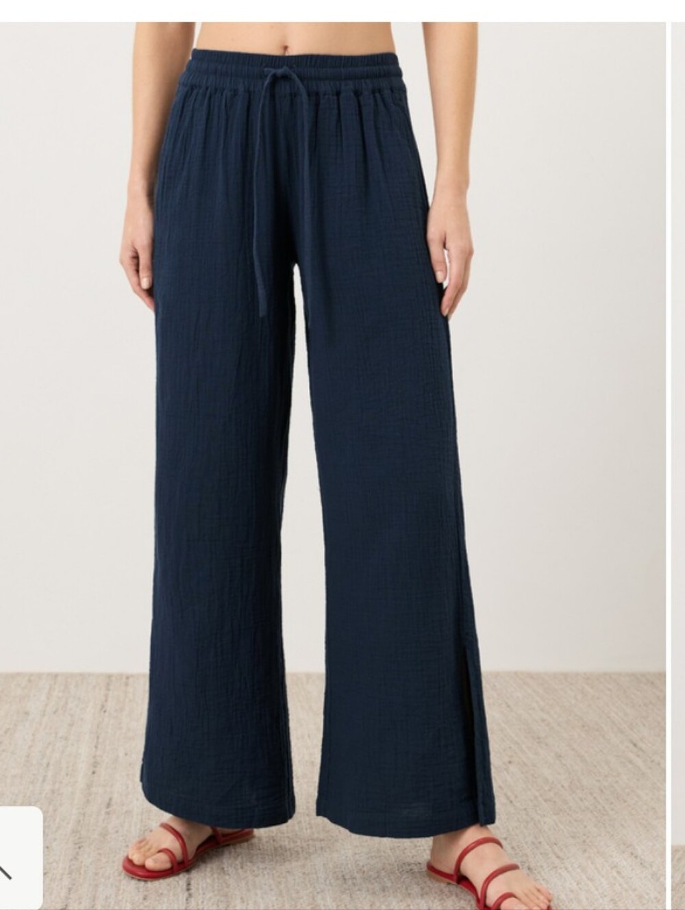 NWT Organic Coastal Double Gauze Split Hem Wide Leg Pant Size Large Navy Blue